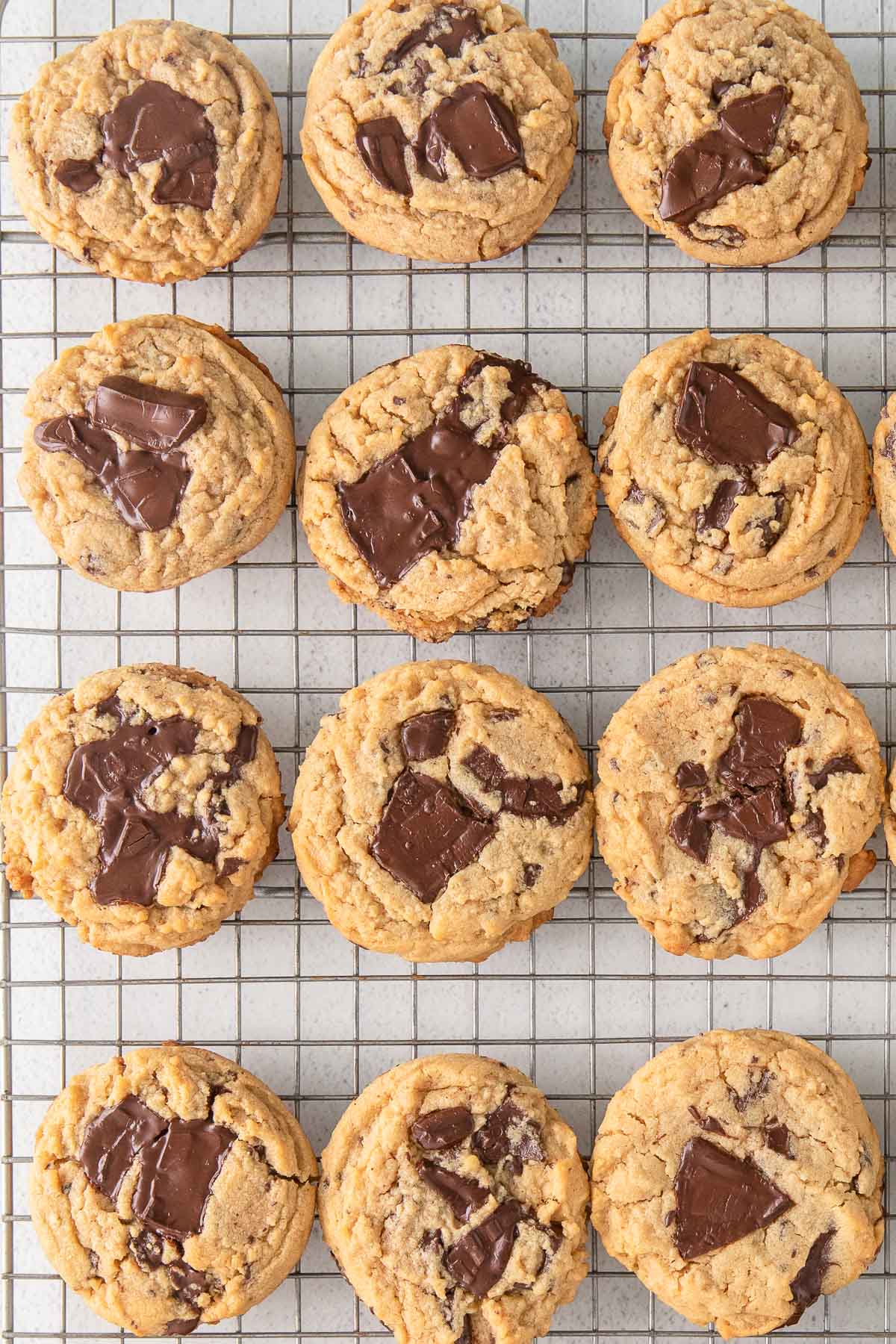 Rows of chocolate chip cookies with large chocolate chunks are cooling on a wire rack. These golden brown, soft treats look freshly baked—perfect inspiration for anyone searching for the best chocolate chip cookie recipes.