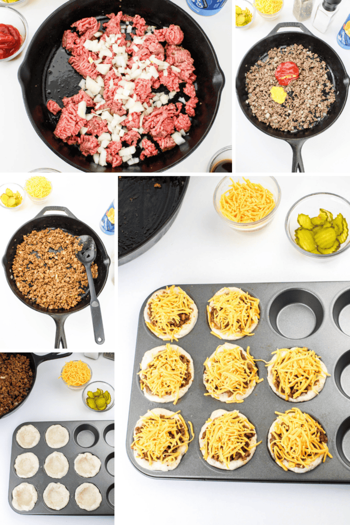 A collage showing steps to make Cheeseburger Biscuit Cups: ground beef and onions cooked in a skillet, mixed with sauce, spooned into biscuit-lined muffin tins, topped with cheese, and ready to bake.