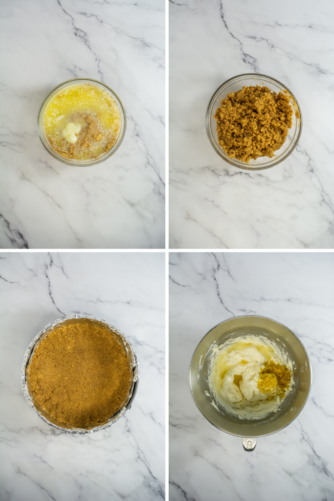 A four-step collage for this limoncello cheesecake recipe shows: mixing melted butter with crumbs and sugar, the crumb mixture ready, pressed crust in a foil-lined pan, and a bowl with cream cheese, sugar, and lemon zest.