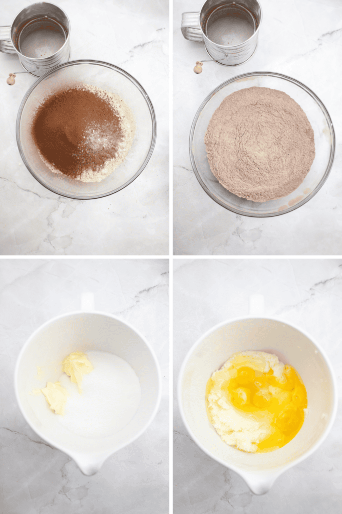 A collage of different ingredients in a bowl, coming together to create the perfect German Chocolate Bundt Cake.