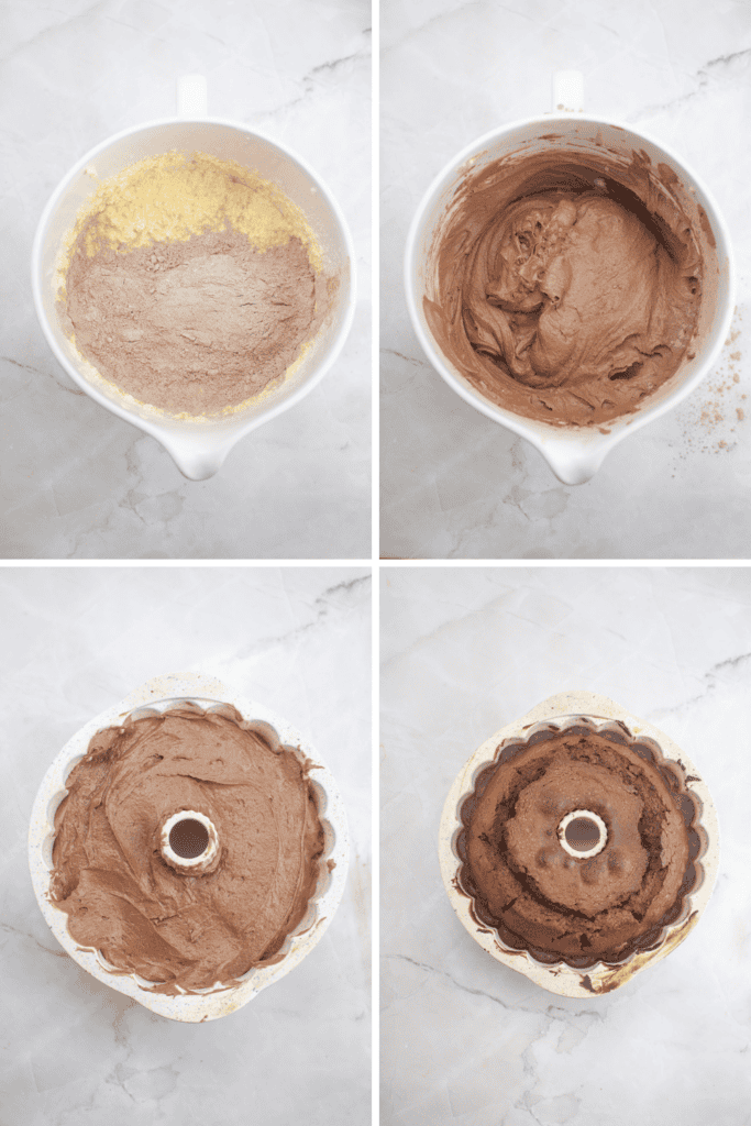Four-panel image showing steps of making a German Chocolate Bundt Cake: mixing dry and wet ingredients, blending into chocolate batter, spreading batter in a bundt pan, and the baked cake in the pan.
