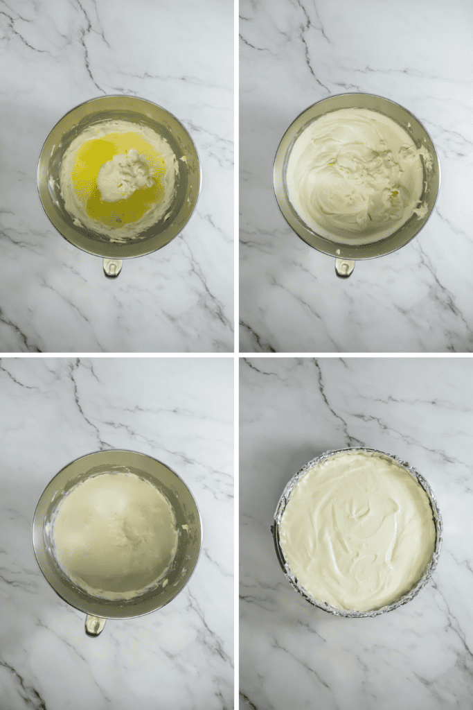 A four-panel image shows stages of mixing limoncello cheesecake batter in a bowl: ingredients before mixing, partially mixed, fully blended, and the smooth batter in a lined pan. All are on a marble countertop. Perfect for your next limoncello cheesecake recipe!.