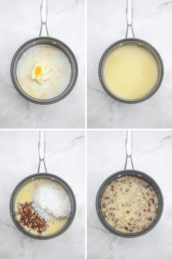 A four-panel image shows the steps of making a German Chocolate Bundt Cake filling: melting butter with milk, stirring until smooth, adding shredded coconut and chopped pecans, then mixing until combined.