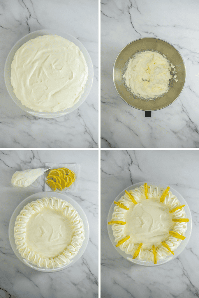Four-step process for decorating a cake: spreading frosting, mixing frosting, piping with lemon slices nearby, and finishing with piped frosting and lemon slices—perfect for adding flair to your favorite limoncello cheesecake recipe.