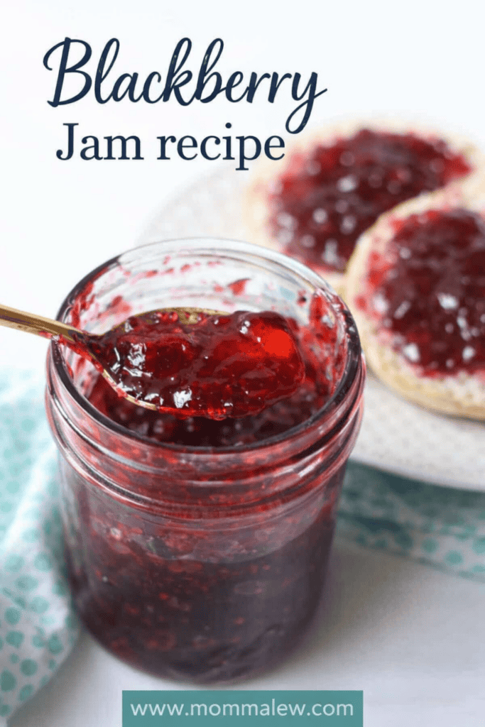 A jar of blackberry jam with a spoon inside sits next to a plate holding two slices of bread topped with jam. Text reads blackberry jam recipe, with a website URL visible at the bottom.
