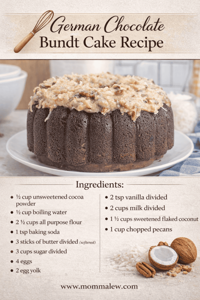 A decadent German Chocolate Bundt Cake sits on a plate, topped with coconut-pecan frosting. Below, the German Chocolate Bundt Cake recipe details ingredients like cocoa powder, flour, eggs, milk, and rich vanilla.