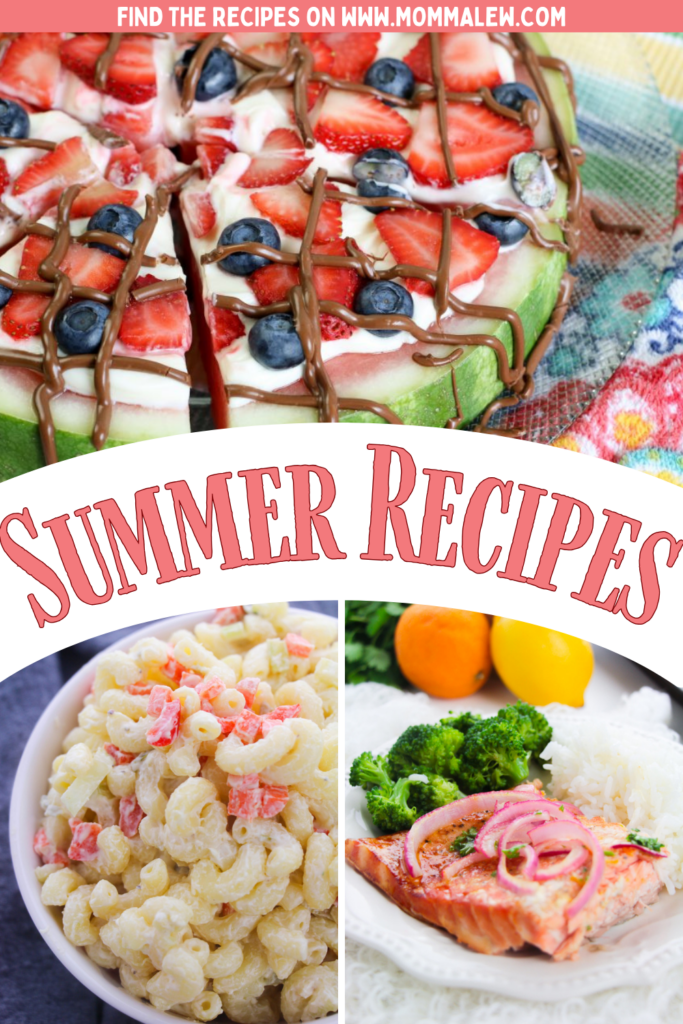 Watermelon slices topped with strawberries, blueberries, cream, and chocolate drizzle. Below, macaroni salad and a salmon plate with broccoli and rice. Text on the image says 'Summer Recipes'