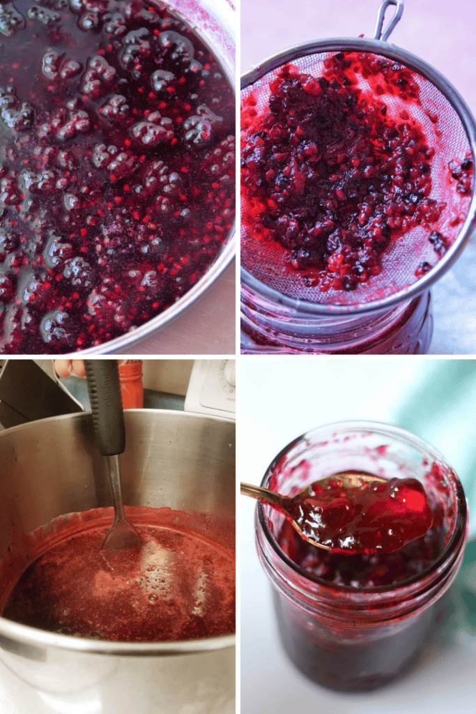 A four-panel image showing the blackberry jam recipe process: cooking berries in a pot, straining the mixture, stirring in a pot, and the finished jam in a jar with a spoon.