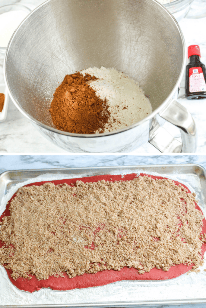 A metal mixing bowl with flour and cocoa powder sits on a counter; below, rolled-out red velvet cinnamon roll dough on a baking sheet is topped with a brown sugar mixture, ready to be spread or rolled.