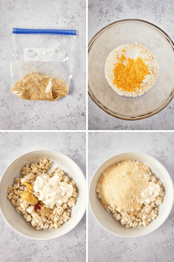 Four images show different stages of mixing ingredients to make crab stuffed cheddar bay biscuits: crushed crackers in a plastic bag, a bowl with shredded cheese and flour, a bowl with chicken, mayonnaise, and seasonings, and a bowl with breadcrumbs and mayo.