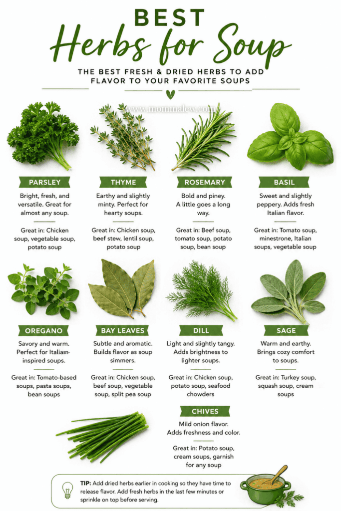Infographic titled Best Herbs for Soup features images of top herbs for soup like parsley, thyme, rosemary, basil, oregano, bay leaves, dill, sage, and chives with flavor notes and the best soups to enhance with each herb.