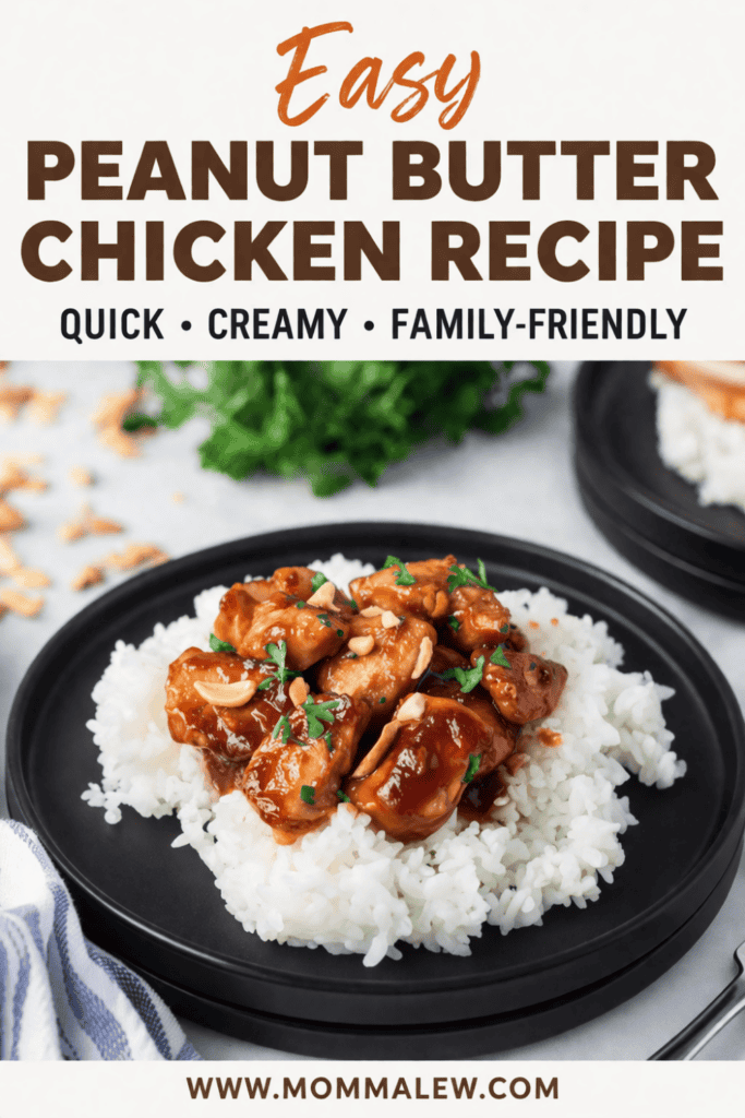A plate of white rice topped with peanut butter chicken, creamy sauce, fresh herbs, and crushed peanuts sits on a black plate. The image features the text: Easy Peanut Butter Chicken Recipe – Quick, Creamy, Family-Friendly.