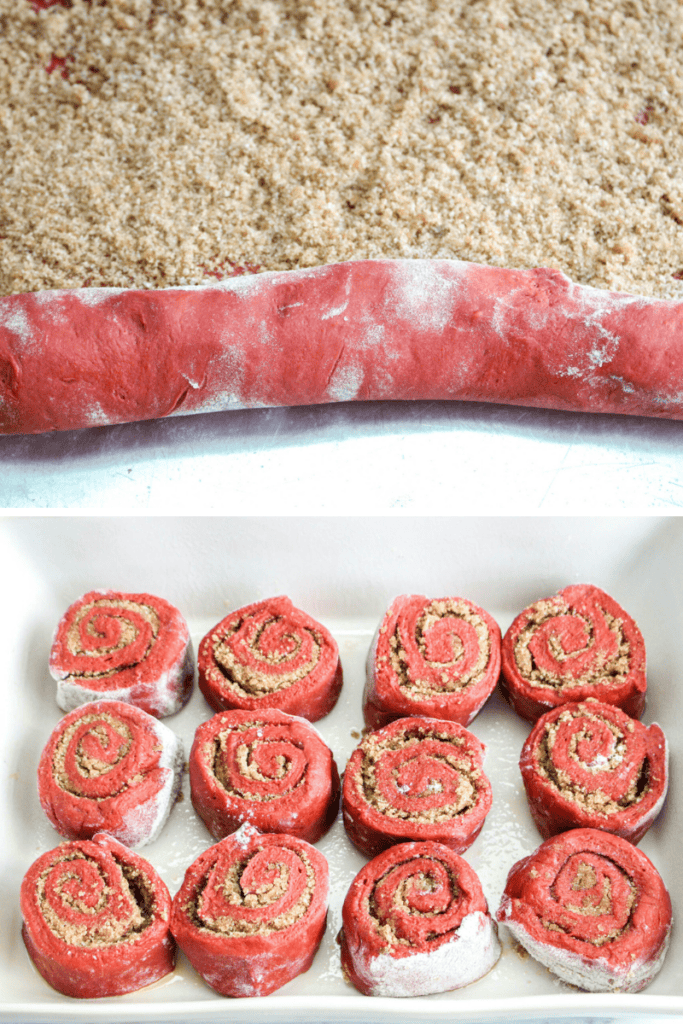 A close-up of red velvet cinnamon rolls rolled with a brown cinnamon-sugar filling, and below, twelve unbaked red cinnamon rolls arranged in a white baking dish.