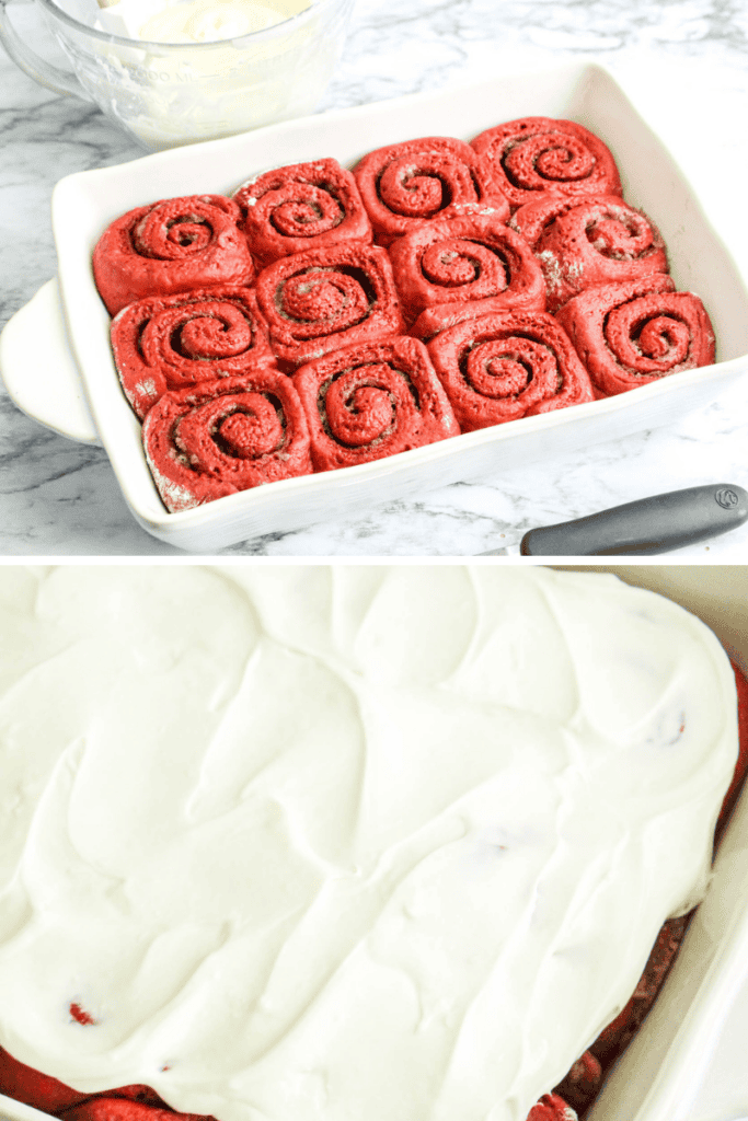Two images: The top shows nine red velvet cinnamon rolls in a white baking dish; the bottom displays the same rolls smothered in a thick layer of white frosting. Both images are set on a marble surface.