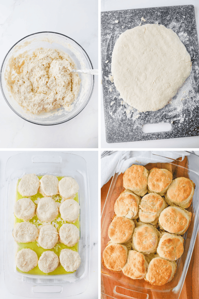 Four-step collage showing 7Up Biscuits: mixing dough in a bowl, rolled-out dough on a floured board, cut biscuits in a baking dish, and golden baked 7Up Biscuits fresh from the oven.
