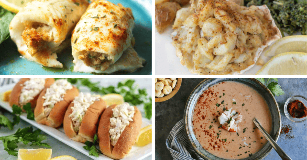 A collage of four canned crab meat recipes: stuffed crab rolls, baked crab casserole, crab salad in buns with lemon wedges, and a bowl of creamy crab soup garnished with herbs and crab meat.