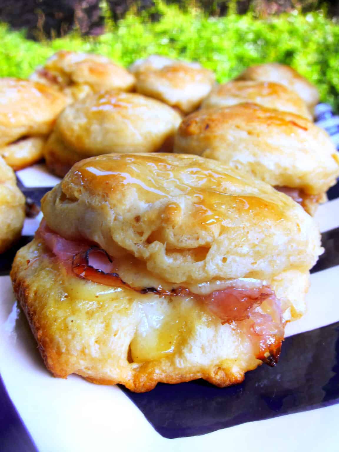 A close-up of savory Grands biscuits filled with melted cheese and slices of ham, served on a black and white plate, with more biscuits and greenery blurred in the background—a delicious twist on classic Grands biscuits recipes.