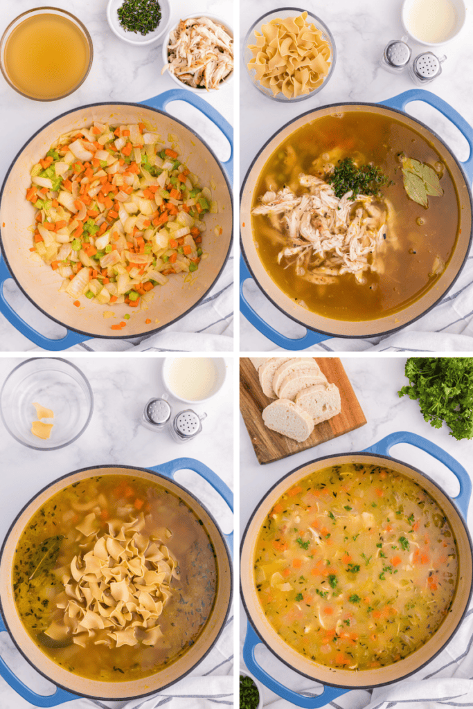 Four-step collage of making chicken noodle soup for colds: sautéed vegetables in a pot, broth and shredded chicken added, uncooked egg noodles in broth, then finished soup with herbs, bread slices, and fresh parsley on the side.