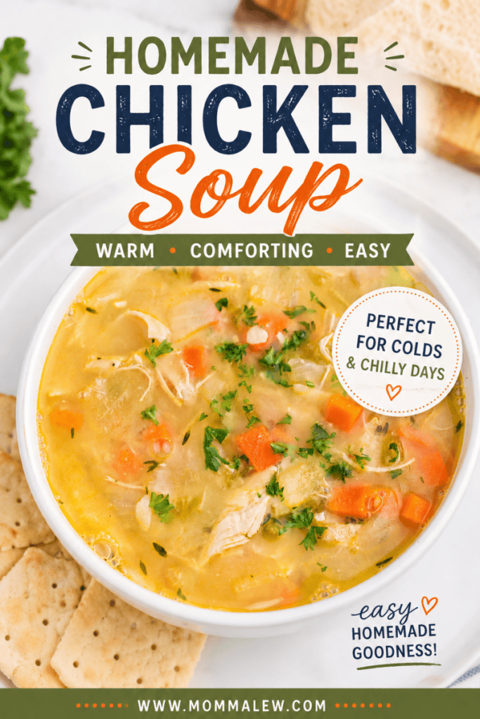 A bowl of homemade chicken soup for colds with carrots and herbs, surrounded by crackers and bread slices. Text reads: Homemade Chicken Soup—Warm, Comforting, Easy. Perfect for colds & chilly days. Easy homemade goodness! www.mommalew.com.