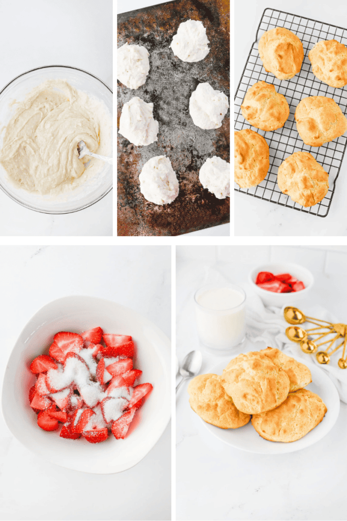 Five-step collage: mixing biscuit dough for a strawberry shortcake biscuit recipe, raw scoops on a baking sheet, baked biscuits cooling, sliced strawberries with sugar in a bowl, and plated biscuits with strawberries and milk.