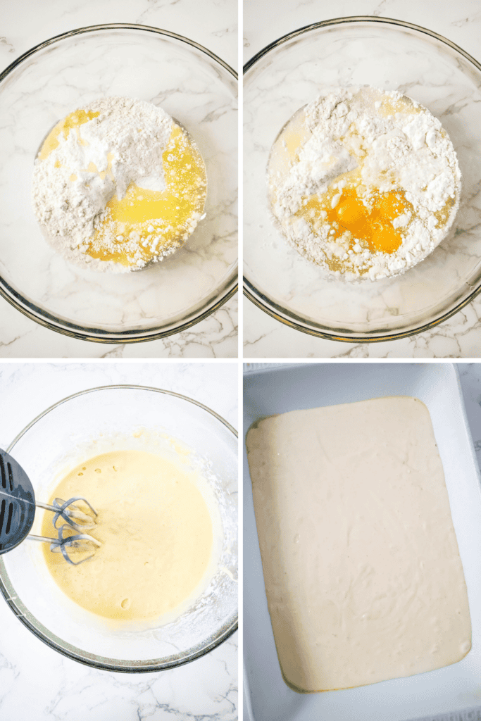 Four images show steps of a yellow sheet cake recipe: flour, eggs, and other ingredients in a glass bowl; partially mixed; batter blended with a hand mixer; and smooth batter spread in a rectangular baking pan.