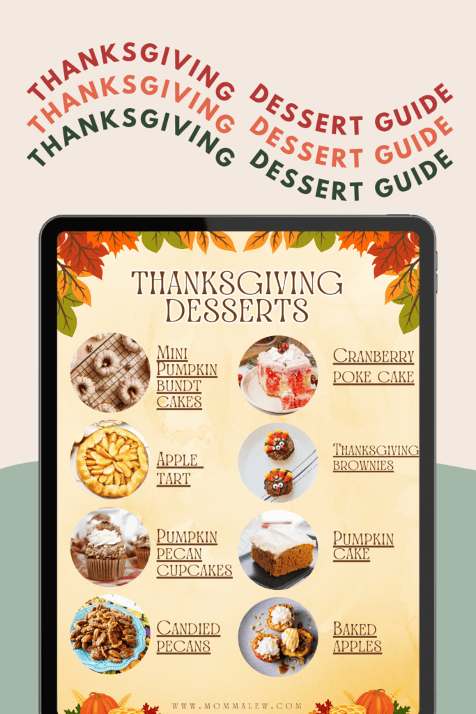Tablet screen displays a Thanksgiving dessert guide featuring photos of delicious treats like mini pumpkin bundt cakes, cranberry poke cake, apple tart, brownies, cupcakes, candied pecans, and baked apples.