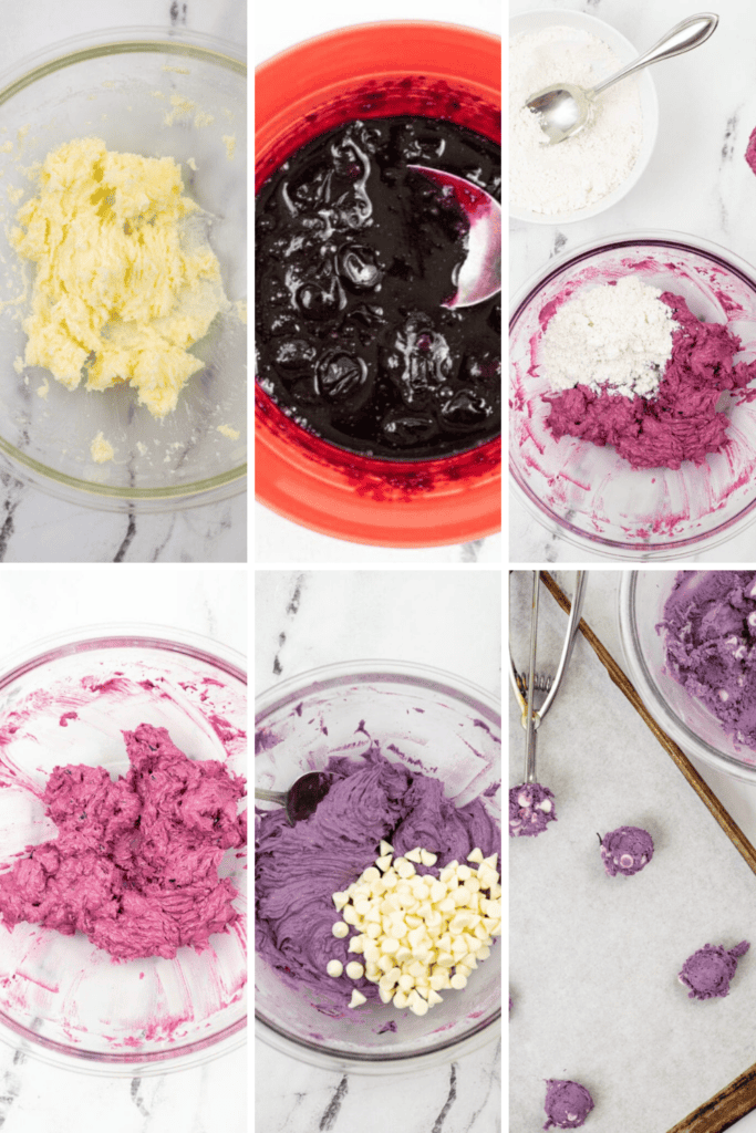 Six-panel image showing the stages of making blueberry cookies: creamed butter and sugar, a bowl of blueberry sauce, sauce mixed with dry ingredients, purple dough forming, white chocolate chips added, and dough scoops on a baking sheet.