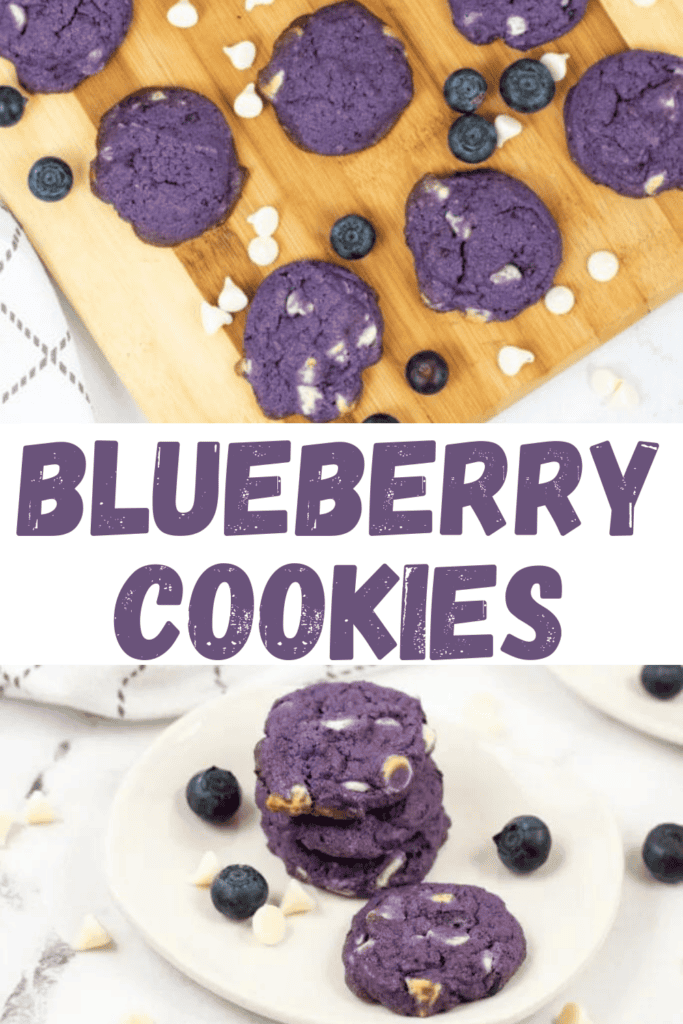 A wooden board and plate showcase vibrant blueberry cookies with white chocolate chips, surrounded by fresh blueberries and scattered chocolate chips. Bold text reads BLUEBERRY COOKIES.