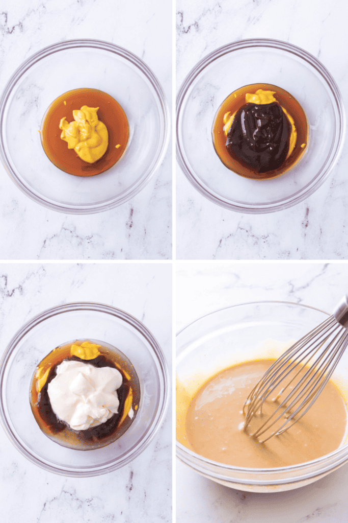 Four-step collage showing a glass bowl with ingredients for Chicken Nugget Sauce: honey and mustard in the first image, barbecue sauce added next, followed by mayonnaise, and finally a whisk mixing the creamy sauce in the last frame.