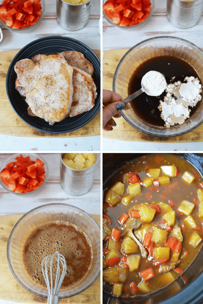 Four-panel collage showing: seasoned raw pork chops on a black plate, a spoon adding flour to a bowl of dark liquid, a whisk mixing the sauce, and Hawaiian Pork Chops Slow Cooker-style with red bell peppers and pineapple chunks in sauce.