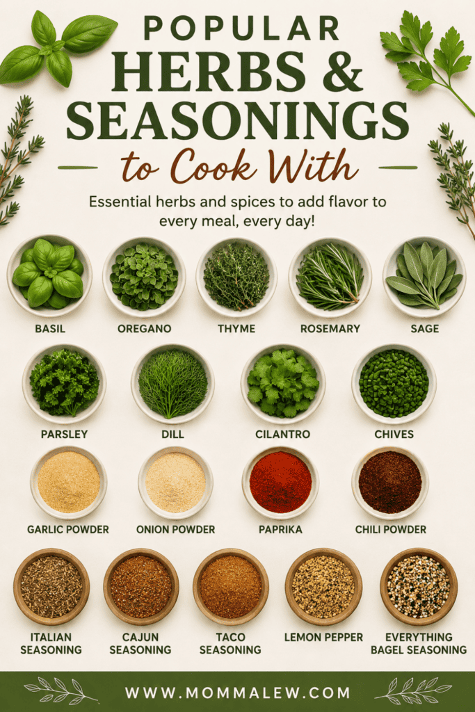 A chart titled Popular Herb and Seasonings to Cook With shows images of basil, oregano, thyme, rosemary, sage, parsley, dill, cilantro, chives, garlic powder, onion powder, paprika, chili powder, Italian blend, Cajun and more.
