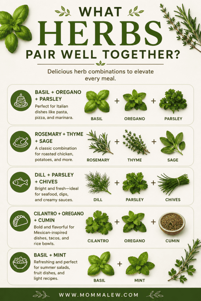 Infographic titled “What Herbs Pair Well Together?” showcases herb and seasonings combinations—basil+oregano+parsley, rosemary+thyme+sage, dill+parsley+chives, cilantro+oregano+cumin, basil+mint—with illustrations and meal suggestions.