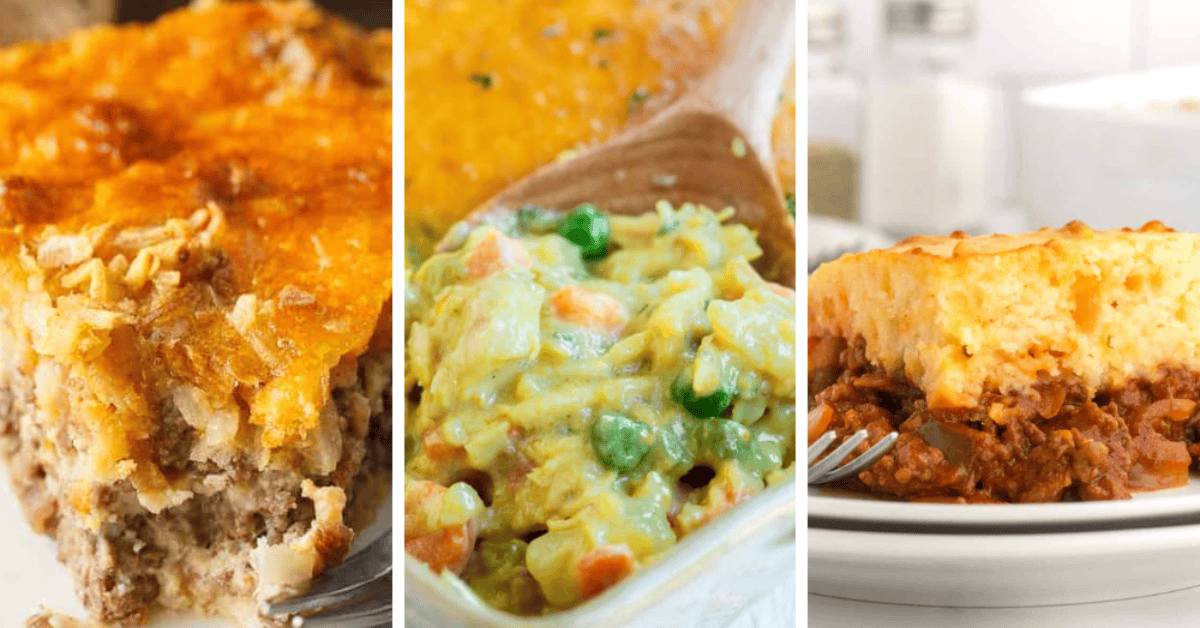 A collage of three baked casserole dishes: on the left, a cheesy Bisquick casserole with a crispy topping; in the center, a creamy vegetable casserole with peas and carrots; on the right, a layered meat and potato casserole on a plate.