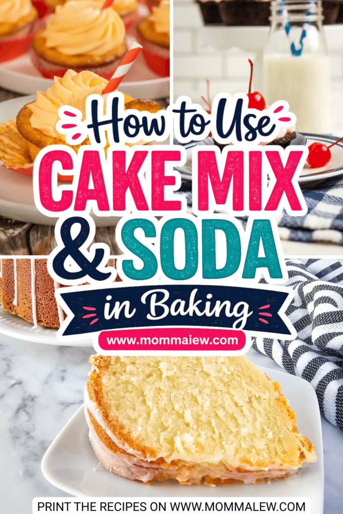 A colorful graphic with the text How to Use Cake Mix & Soda in Baking over images of cupcakes, milk with cherries, a sliced bundt cake, and a slice of cake on a plate—perfect for exploring fun soda cake combinations. Website: www.mommew.com.