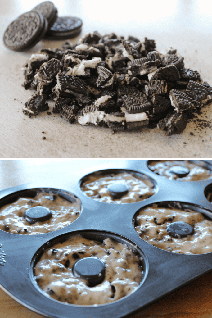 Two images: the top displays chopped Oreo donut sandwich cookies on a surface, while the bottom shows a donut pan filled with batter containing cookie pieces, ready to be baked.