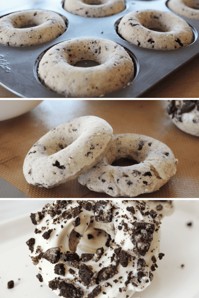 A collage of three images: chocolate chip donuts in a baking pan, two baked donuts on a mat, and a close-up of an Oreo donut covered in white icing and sprinkled with crushed cookies.