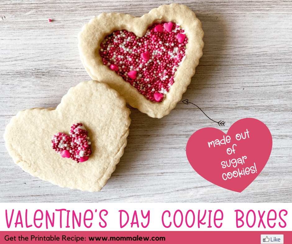 Two heart-shaped sugar cookies on a wooden surface, one plain and one decorated with pink, red, and white sprinkles. Text reads: Valentine cookie boxes made out of delicious sugar cookies.