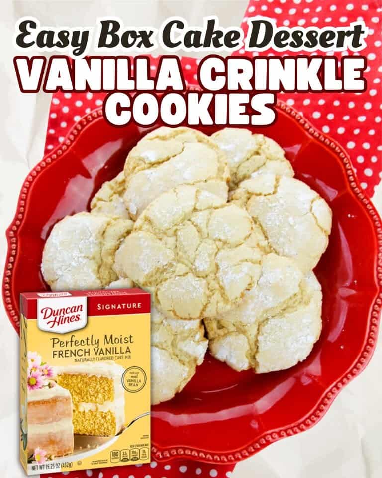 A red plate holds a batch of Vanilla Crinkle Cookies with Cake Mix, dusted in powdered sugar. A Duncan Hines French vanilla cake mix box sits in the corner. Text above reads Easy Box Cake Dessert VANILLA CRINKLE COOKIES.