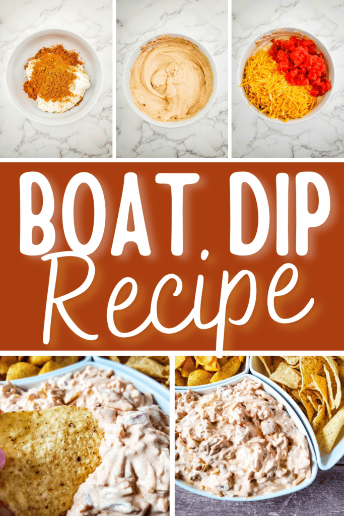 Collage showing steps to make boat dip: mixing cream cheese and taco seasoning, blending, adding cheese and tomatoes, plus close-ups of the finished boat dip recipe served with chips. Text overlay reads Boat Dip Recipe.