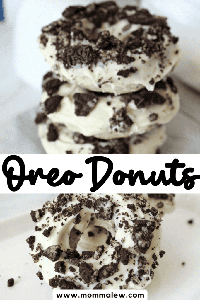 Three donuts covered in white icing and crushed Oreo cookies are stacked on top of each other. Below is a close-up of an irresistible oreo donut on a plate, with the text “Oreo Donuts” and the website “www.mommalew.com.”.