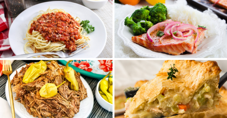 A collage of four main dish recipes: spaghetti with meat sauce, grilled salmon with rice and broccoli, shredded beef with peppers, and a slice of chicken pot pie with a flaky crust.