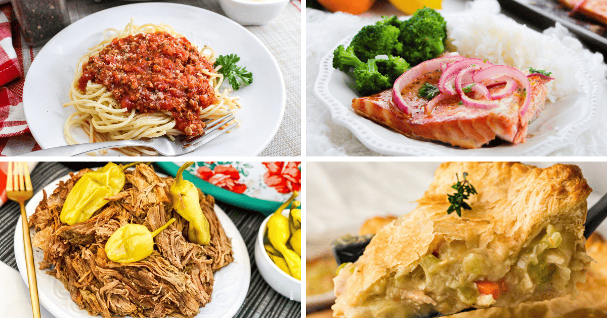 A collage of four main dish recipes: spaghetti with meat sauce, grilled salmon with rice and broccoli, shredded beef with peppers, and a slice of chicken pot pie with a flaky crust.