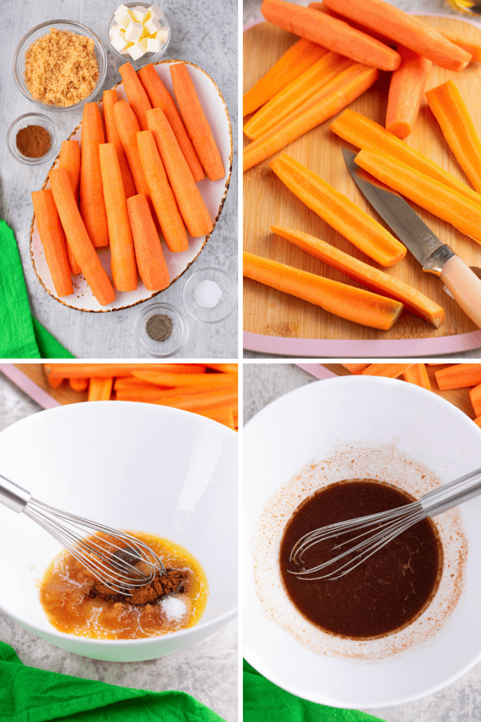 Four images: Baked Carrots with Brown Sugar ingredients; close-up of carrot sticks and a knife on a cutting board; whisking brown sugar and butter in a bowl; the mixture turning into a glossy brown sauce.