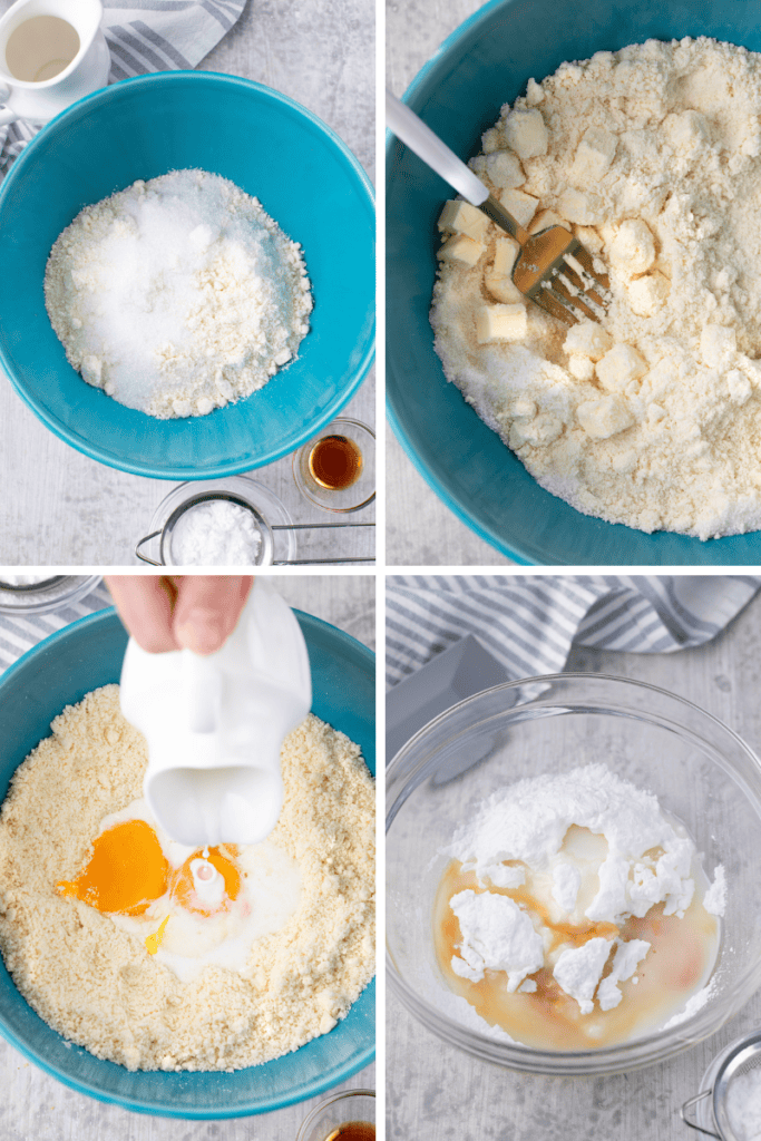 Four images show baking steps for bisquick scones: sugar and flour in a blue bowl, mixture with butter and vanilla, milk being poured into a bowl with an egg, and another bowl with powdered sugar, vanilla, and liquids.