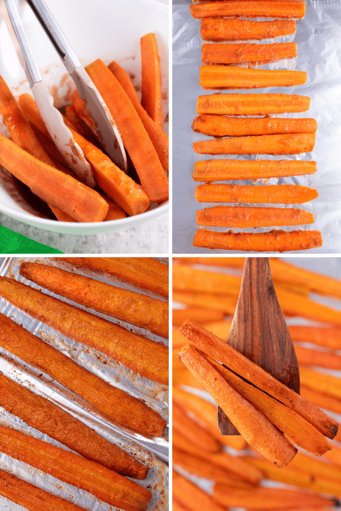 Four images show Baked Carrots with Brown Sugar: tossed in seasoning with tongs, raw on a baking sheet, roasted on a tray, and served on a wooden spatula. The fries are orange and evenly cut.