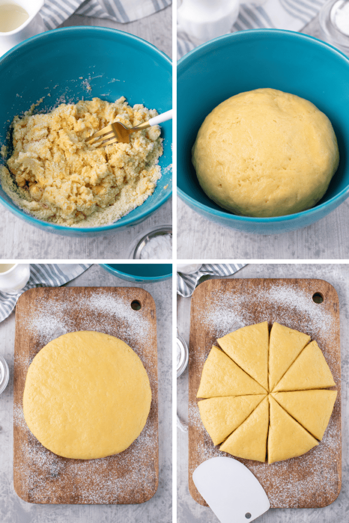 A four-panel image shows Bisquick scones being prepared: mixing ingredients in a blue bowl, forming a smooth dough ball, rolling out the dough on a floured board, and cutting it into eight wedges.