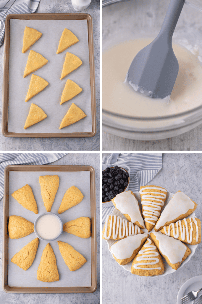 A collage of four images shows: unbaked bisquick scone dough on a tray, a spatula mixing white glaze, baked scones around a bowl of glaze, and finished bisquick scones topped with white icing arranged on a plate.