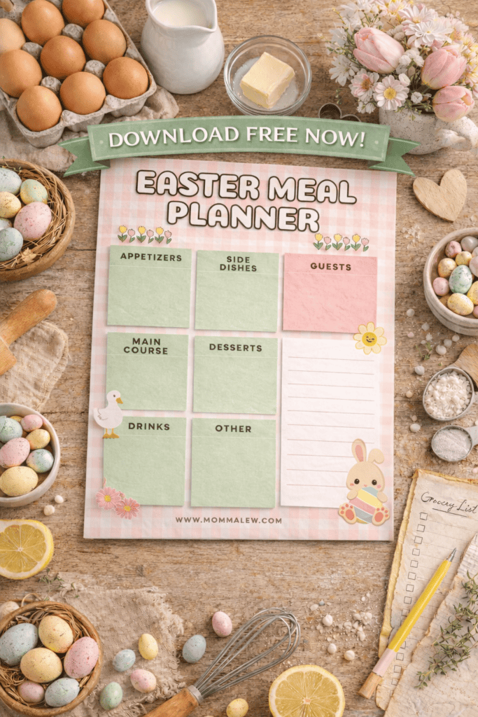Printable Easter meal planner page with pastel sections for appetizers, drinks, sides, main course, desserts, other, and guests. Surrounded by Easter eggs, flowers, baking items, and a Download Free Now! banner at the top.