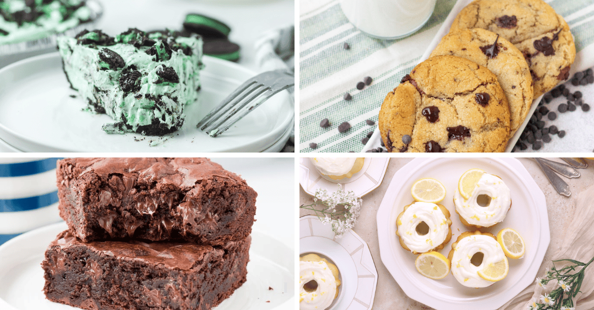 A collage of four desserts from the best dessert recipes: a slice of mint chocolate pie, chocolate chip cookies, two fudgy brownies, and four lemon-glazed bundt cakes, each displayed on white plates.