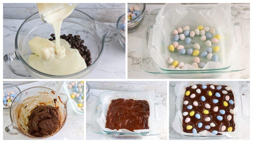 A collage shows steps for this Easter Fudge Recipe: melting white chocolate and butter over dark chocolate, placing mini candy eggs in a parchment-lined pan, mixing batter, spreading it in the pan, and topping with candy eggs before baking.